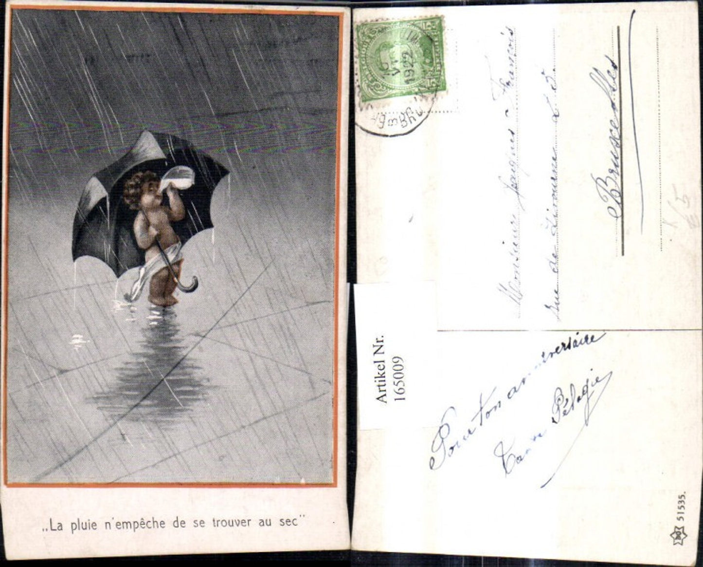 165009,Künstler Ak Nacktes Kind trinkt a. Milchflasche u. Regenschirm Schirm Text