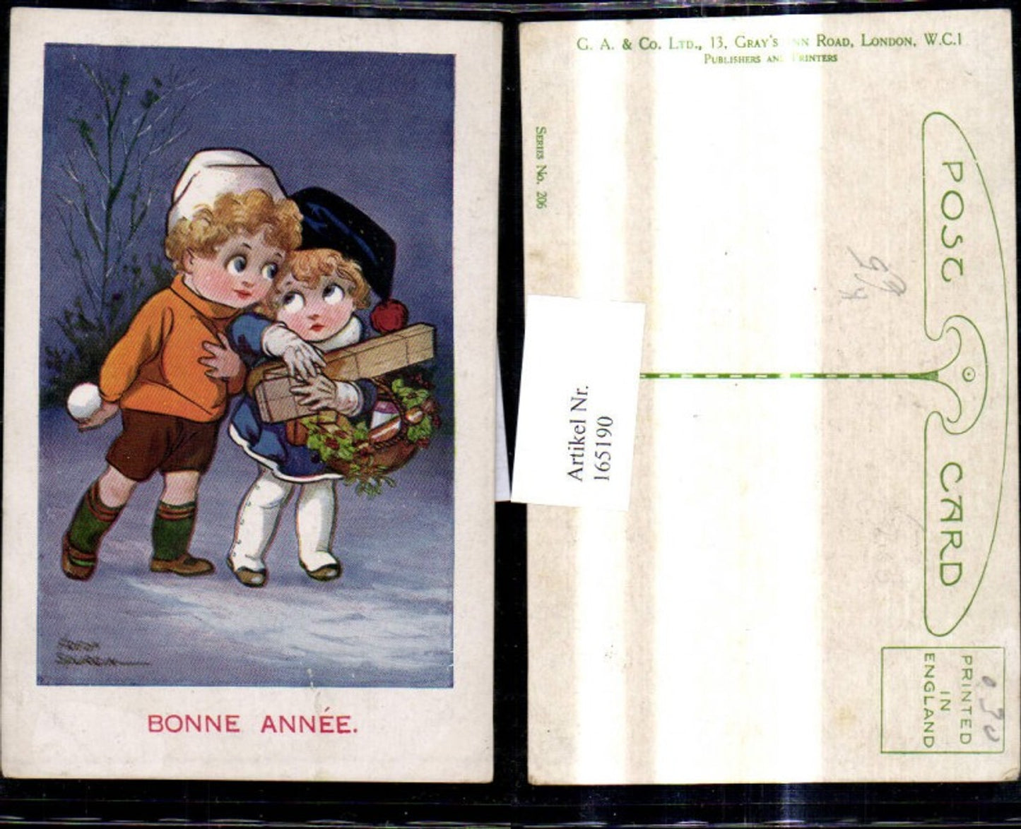 165190,Künstler Ak Fred Spurgin Kinder m. Korb Geschenke Hauben Schneeball Bonne Annee