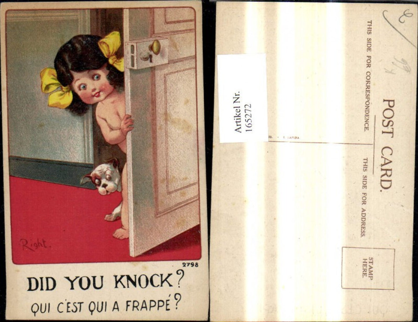 165272,Künstler Ak Right Nacktes Mädchen m. Hund schaut a. Tür Did you knock
