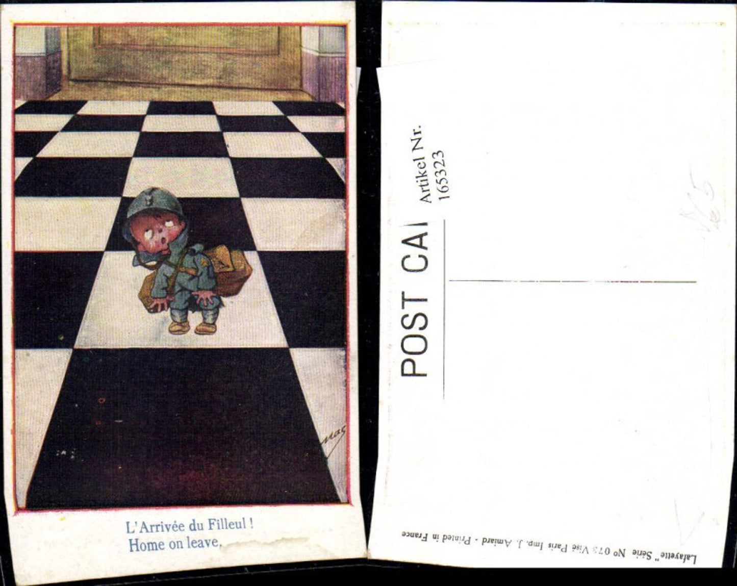 165323,Künstler Ak Kindersoldat Bub Junge Uniform m. Gepäck i. Haus Home on leave pub Lafayette 073