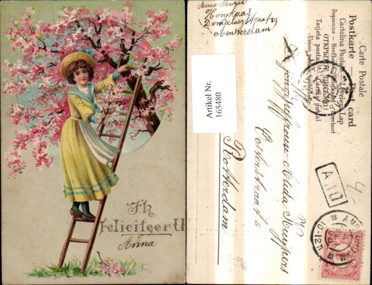 165480,Embossed lithograph girl on a ladder, blossoming tree, hat, straw hat