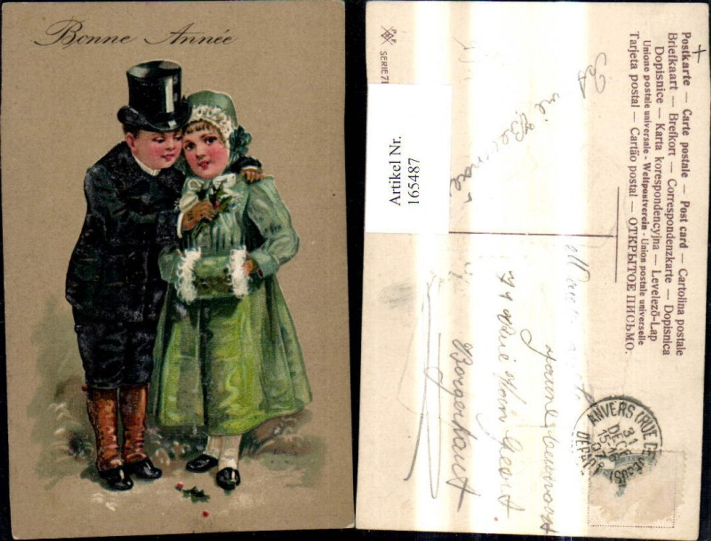 165487,Präge Litho Kinder Paar i. Kleid Anzug Hut Muff Bonne Annee