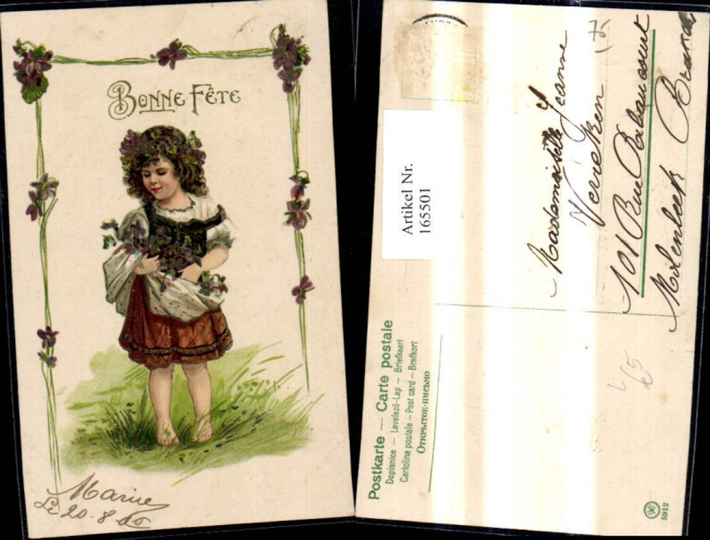 165501,Präge Litho Mädchen sammelt Blumen Veilchen i. Rockschürze Bonne Fete Blumenranke