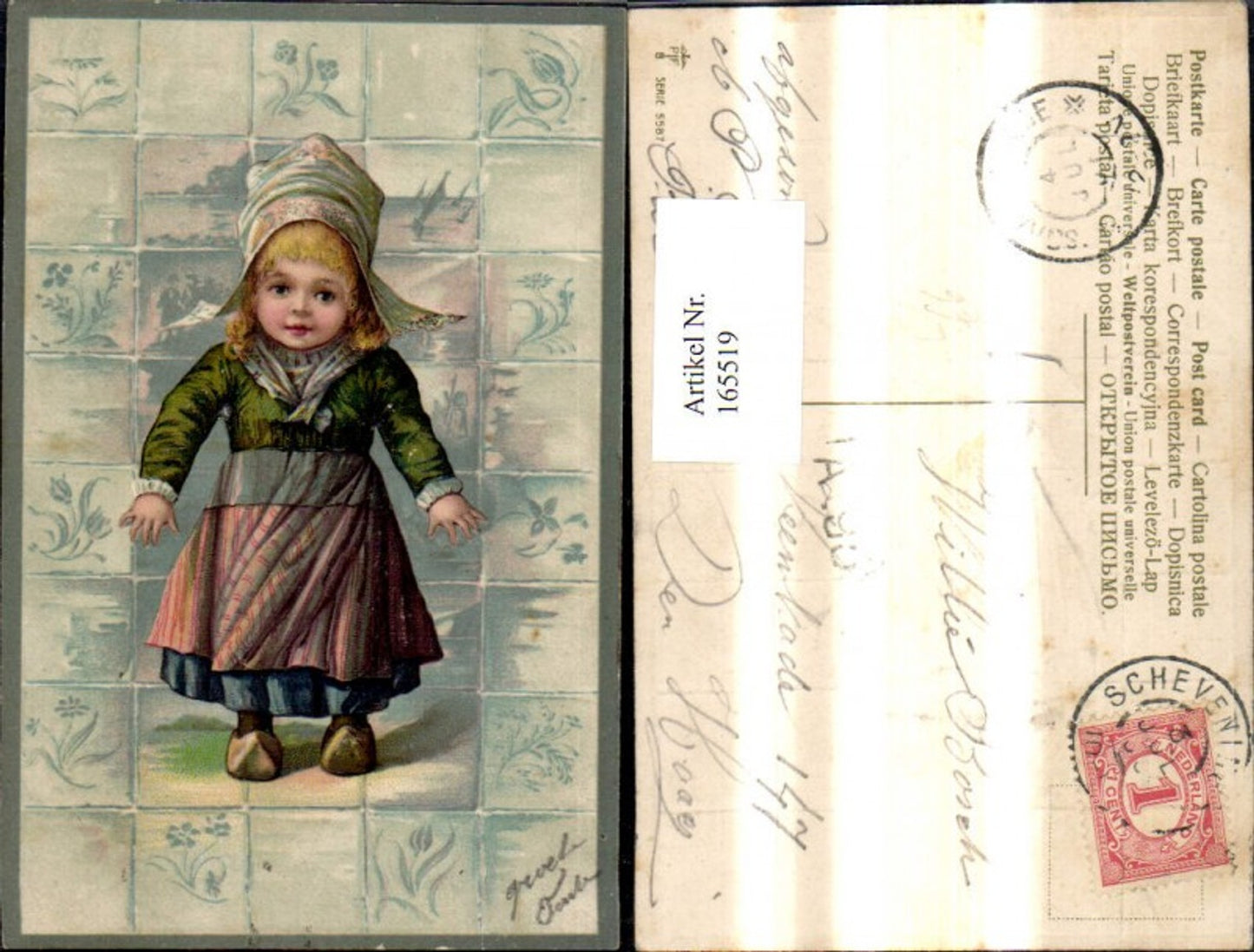 165519,Präge Litho Mädchen i. Holländischer Volkstyp Haube Holzschuhe