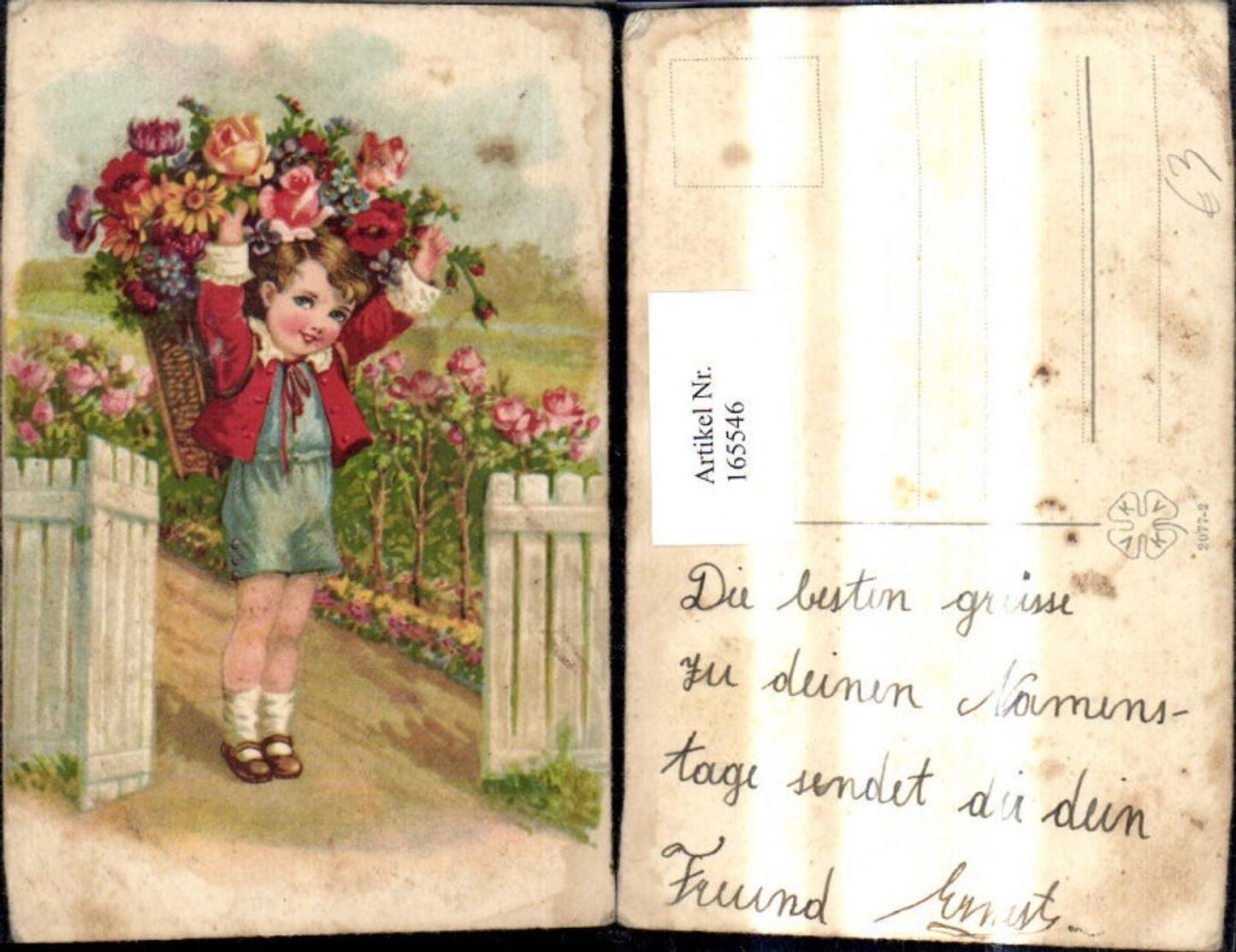 165546,Künstler Ak Bub Junge m. Rückenkorb m. Blumen