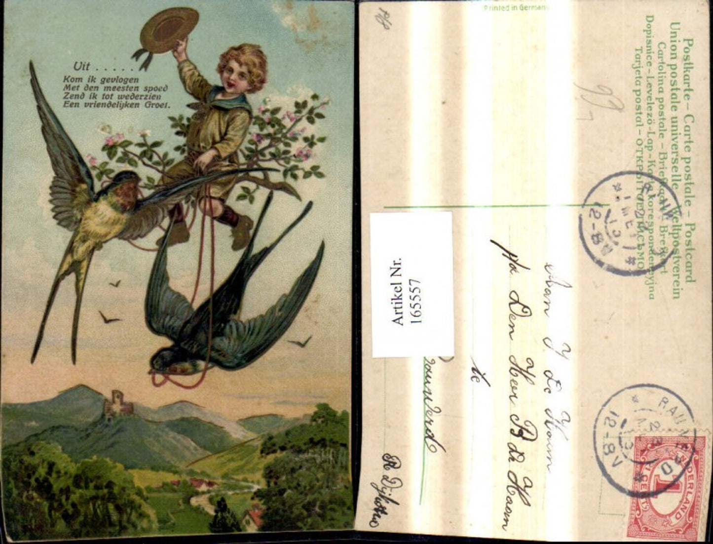 165557,Präge Litho Bub Junge reitet a. Schwalbe Vogel Blütenast Spruch Text