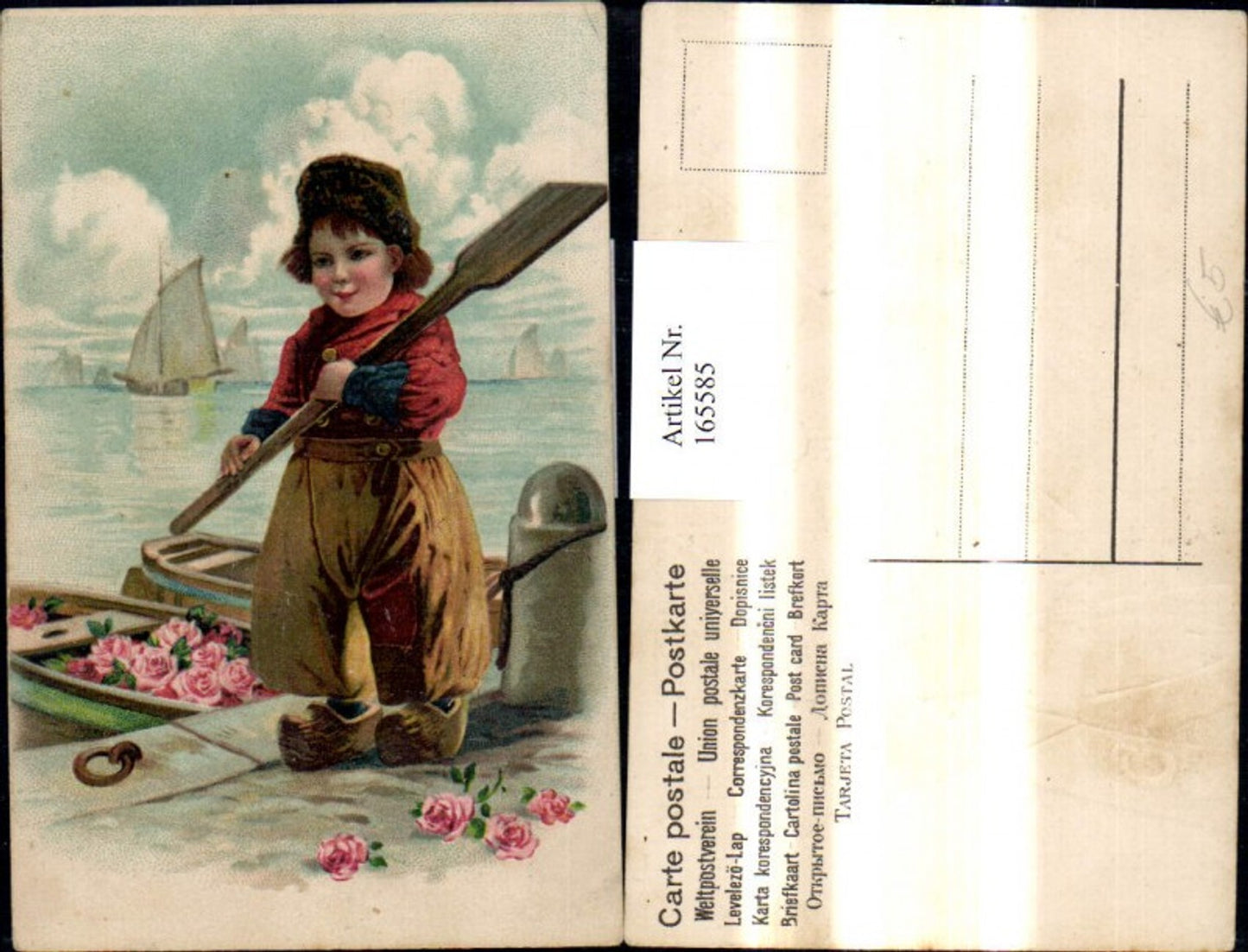 165585,Präge Ak Bub Junge Holländischer Volkstyp Ruder a. Hafen Segelschiffe