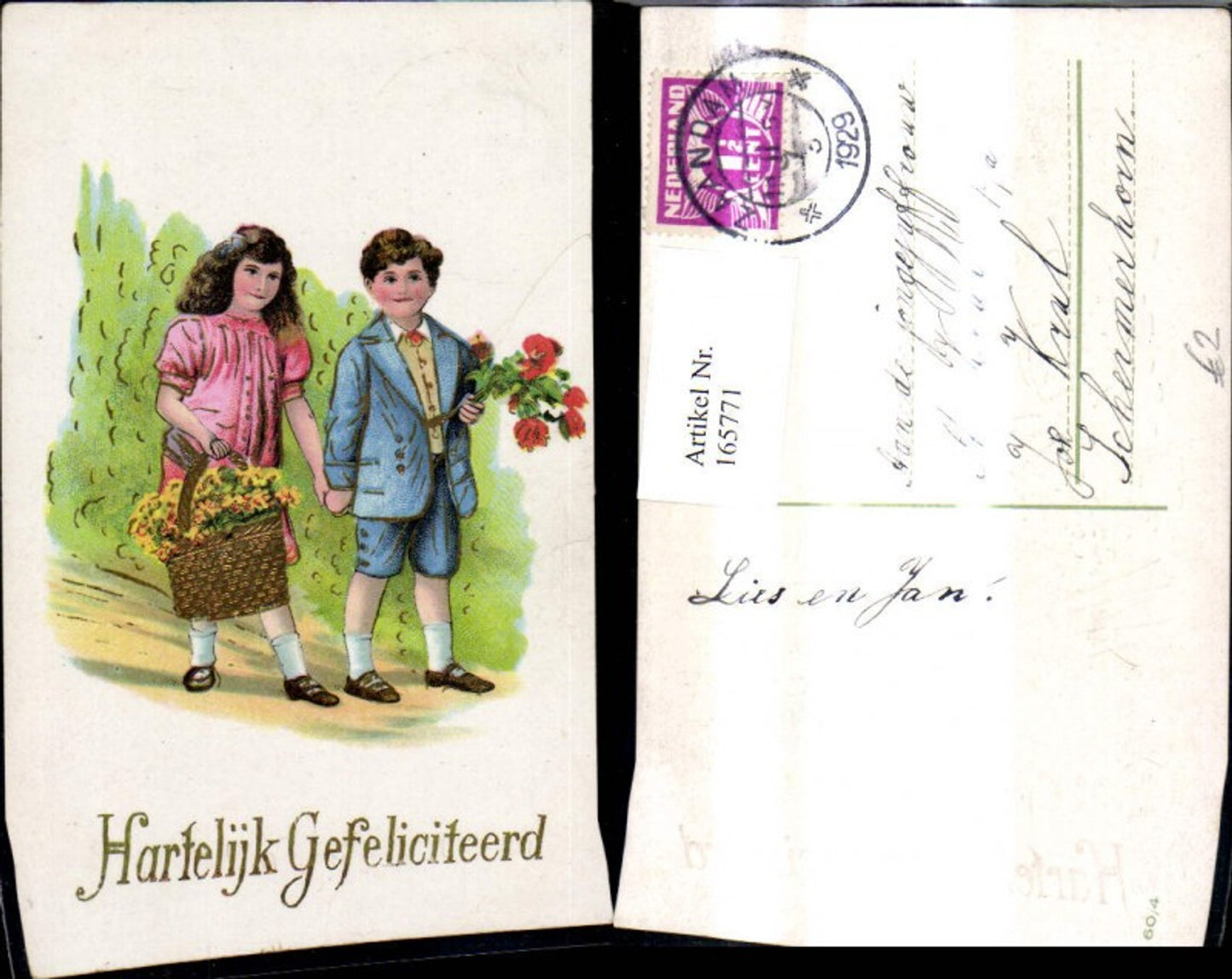 165771,Präge Ak Kinder m. Korb Blumen Goldverzierung Hartelijk Gefeliciteerd