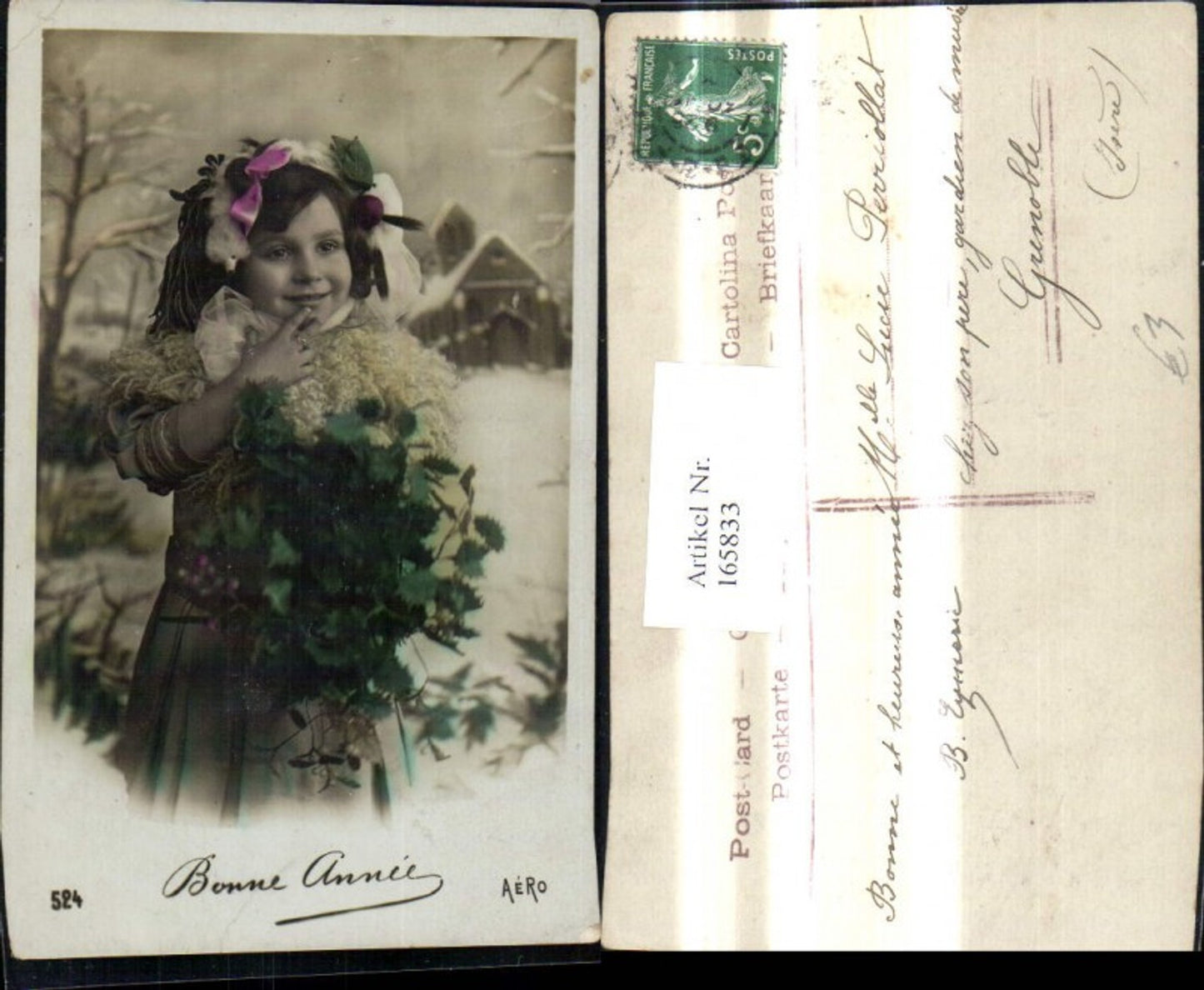 165833,Mädchen m. Haarschmuck Blumen Strauß Winterlandschaft i. Hintergrund Bonne Annee