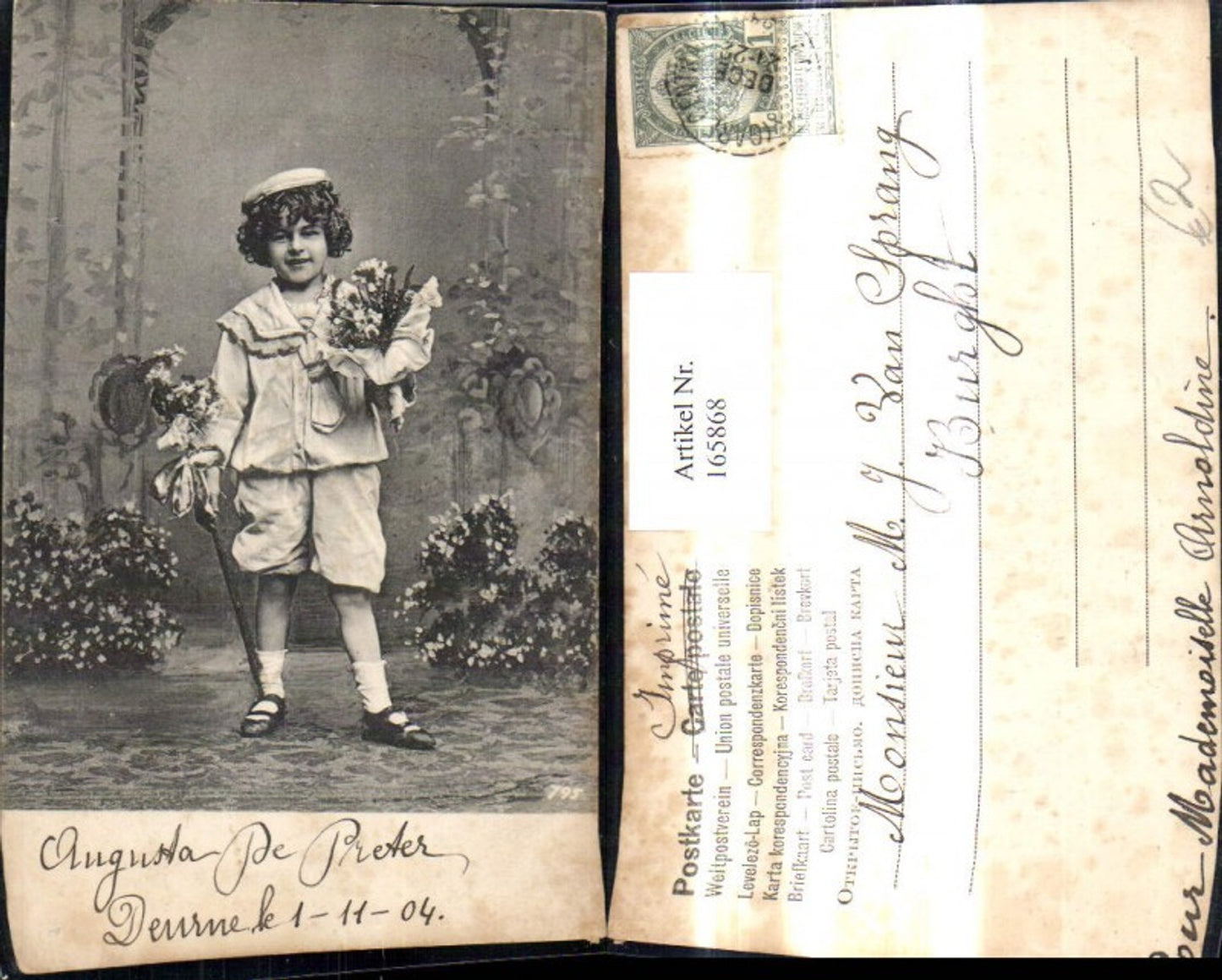165868,Bub Junge i. Matrosenanzug Hut m. Gehstock Blumen Glitzerverzierung