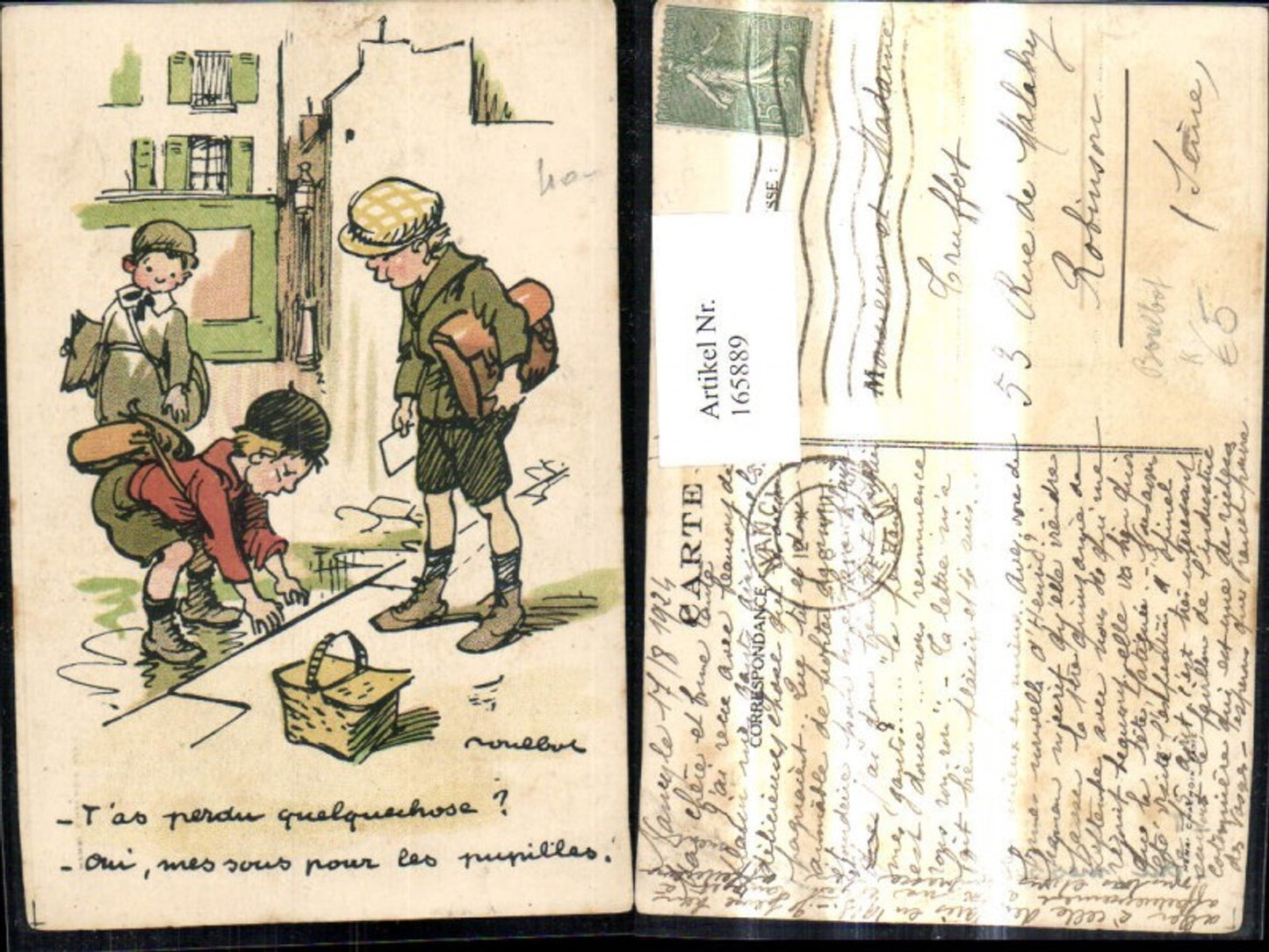 165889,Künstler Ak Boulbot Kinder m. Schultaschen Korb a. Strasse Spruch