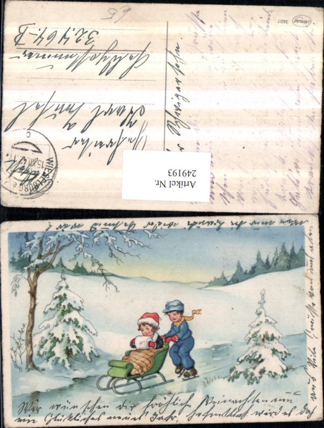 249193, Christmas winter landscape children girl with muff sledding ice skating