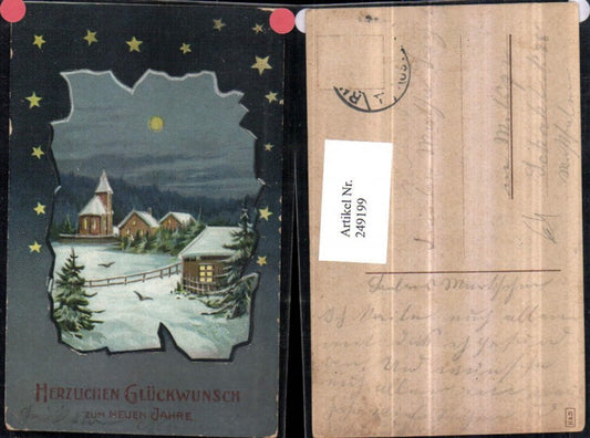 249199, Christmas Winter Landscape Village Church Moonlight Passepartout Stars
