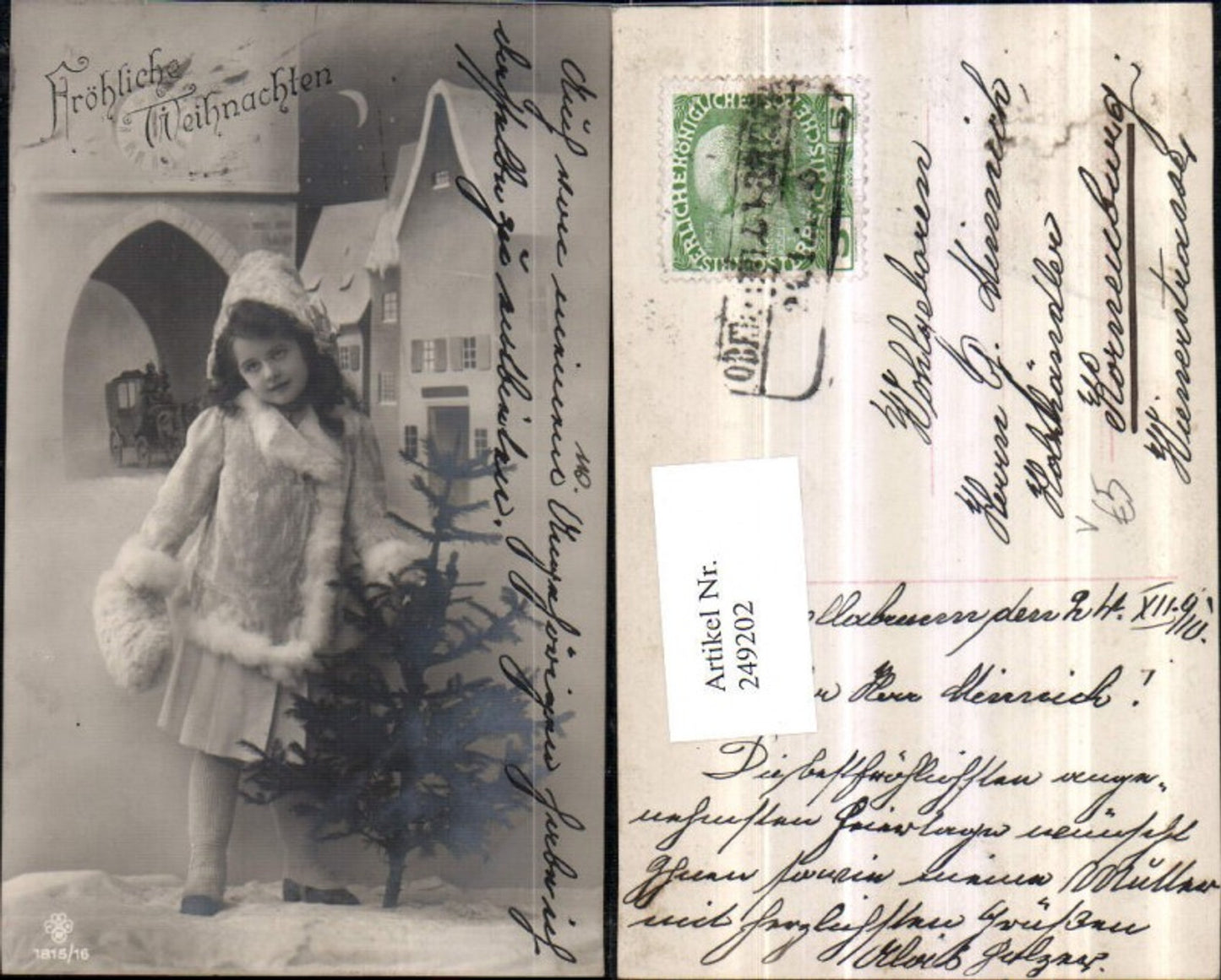 249202,Weihnachten Mädchen m. Mantel Muff Tannenbaum Fotomontage Kutsche Uhr Häuser pub SBW RPH 1815/16
