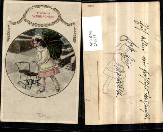 249237, embossed postcard of a Christmas girl with a sled and toboggan