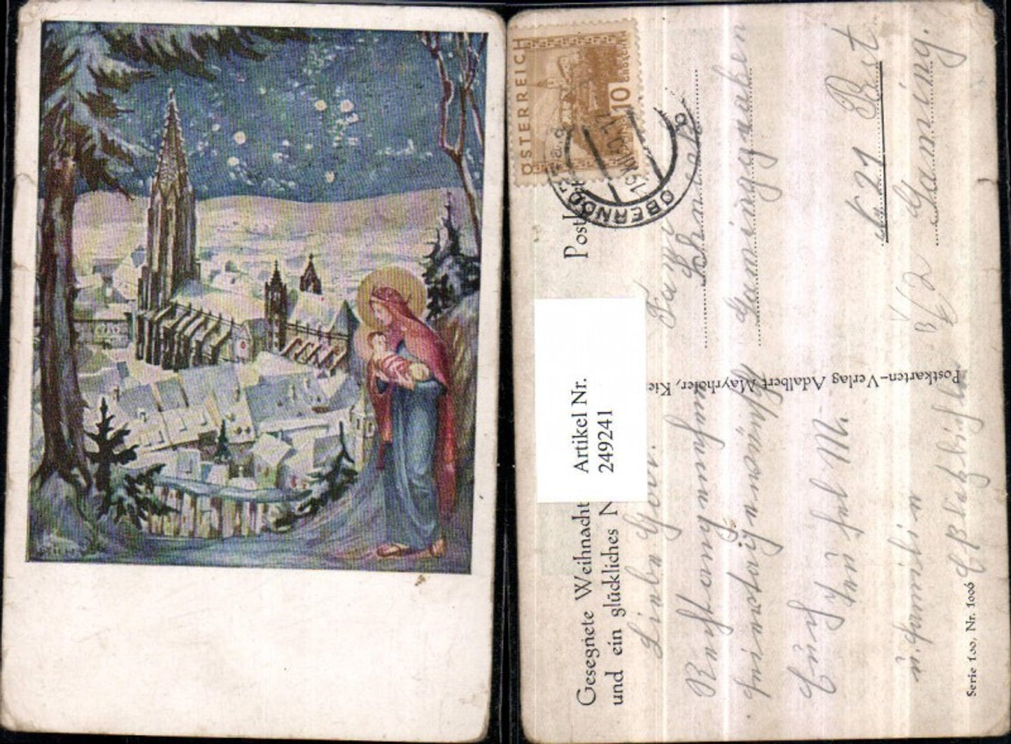 249241, Artist AK Engraving Christmas Town View Church Mary with Christ Child pub Adalbert Mayrhofer 100/1000