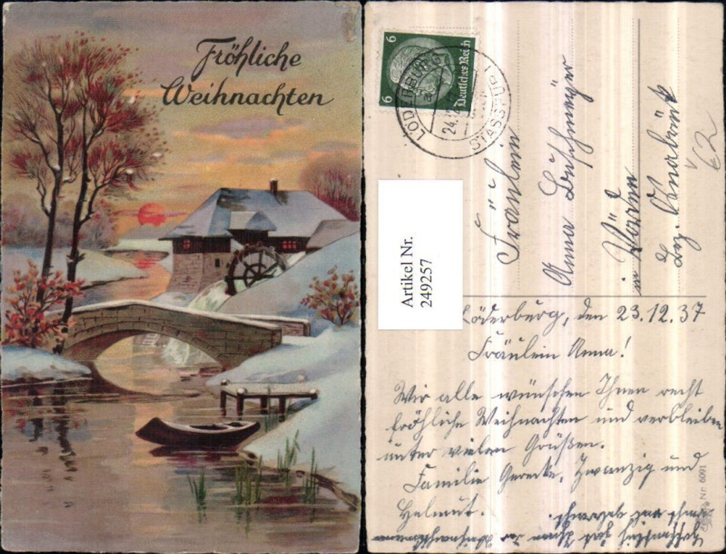 249257, Christmas Winter landscape Bridge Rowboat Watermill Pub Erika 6091