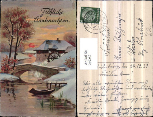 249257, Christmas Winter landscape Bridge Rowboat Watermill Pub Erika 6091