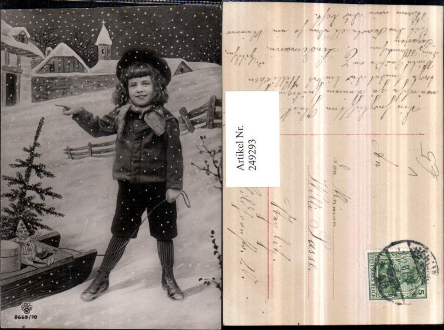 249293,Weihnachten Kind m. Hut Schlitten Spielzeug Puppe Baum Ortsansicht pub SBW RPH 0669/70