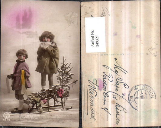 249321, Christmas children girl with sled toboggan Christmas tree