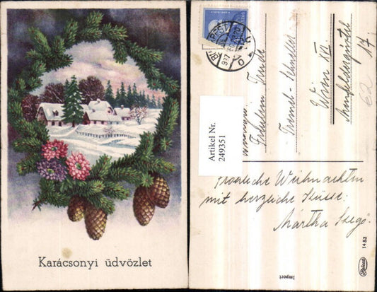 249351, Christmas Winter Landscape Passepartout Fir Branches Cones Flowers