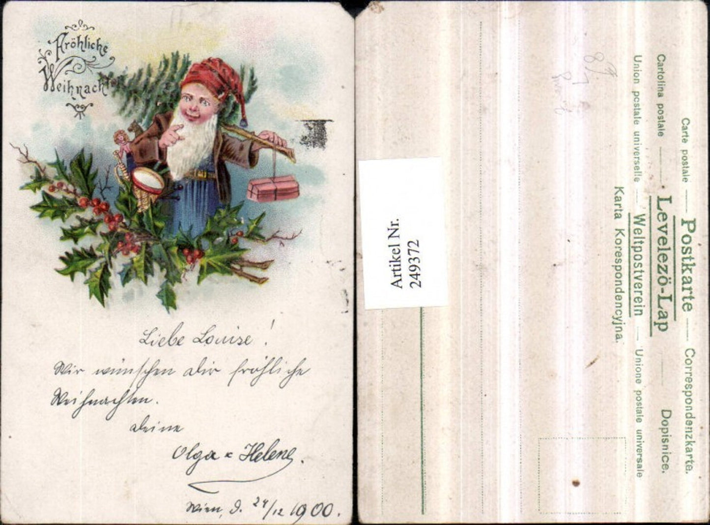 249372, Litho AK Glitter Christmas Dwarf with Christmas Tree Gift Horn Doll Mistletoe