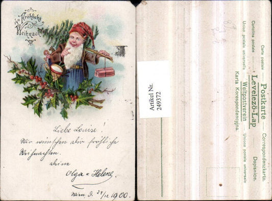 249372, Litho AK Glitter Christmas Dwarf with Christmas Tree Gift Horn Doll Mistletoe