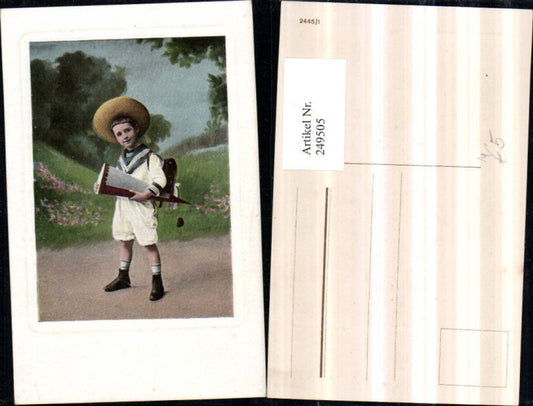 249505,Präge AK Schulanfang Junge m. Hut Schultasche u. Schultüte