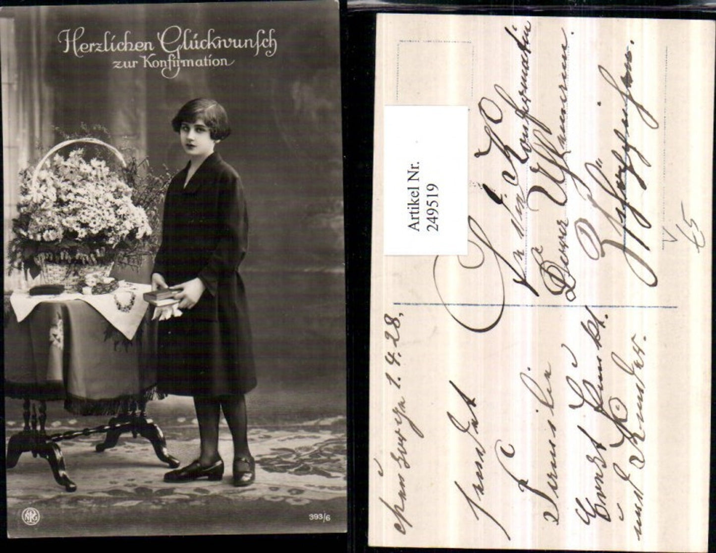 249519,Konfirmation Mädchen m. Mantel Buch Blumen Korb Tisch pub NPG 393/6