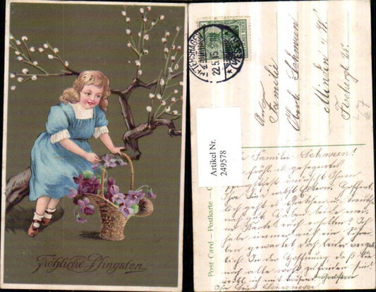 249578,Präge Litho AK Pfingsten Mädchen m. Kleid Korb Veilchen Baum Palmzweige