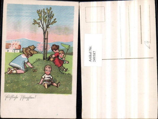 249587,Pfingsten Kinder b. Schmetterling fangen Netz Korb Baum