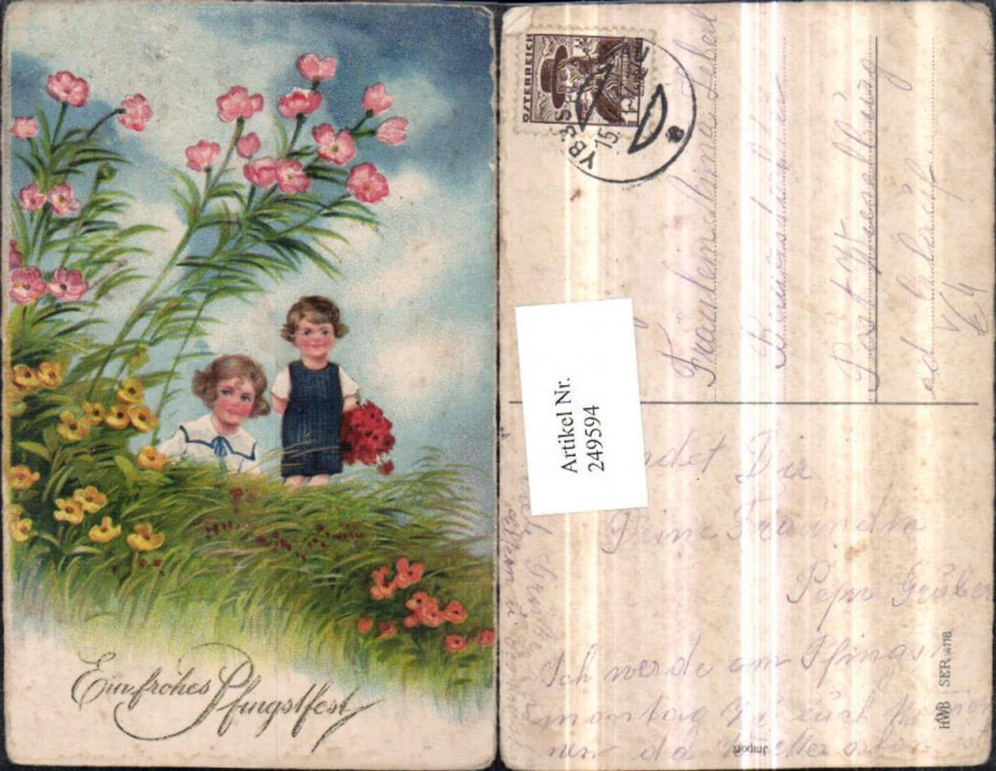 249594,Pfingsten Kinder m. Blumenstrauß Blumen Wiese pub HWB 4118