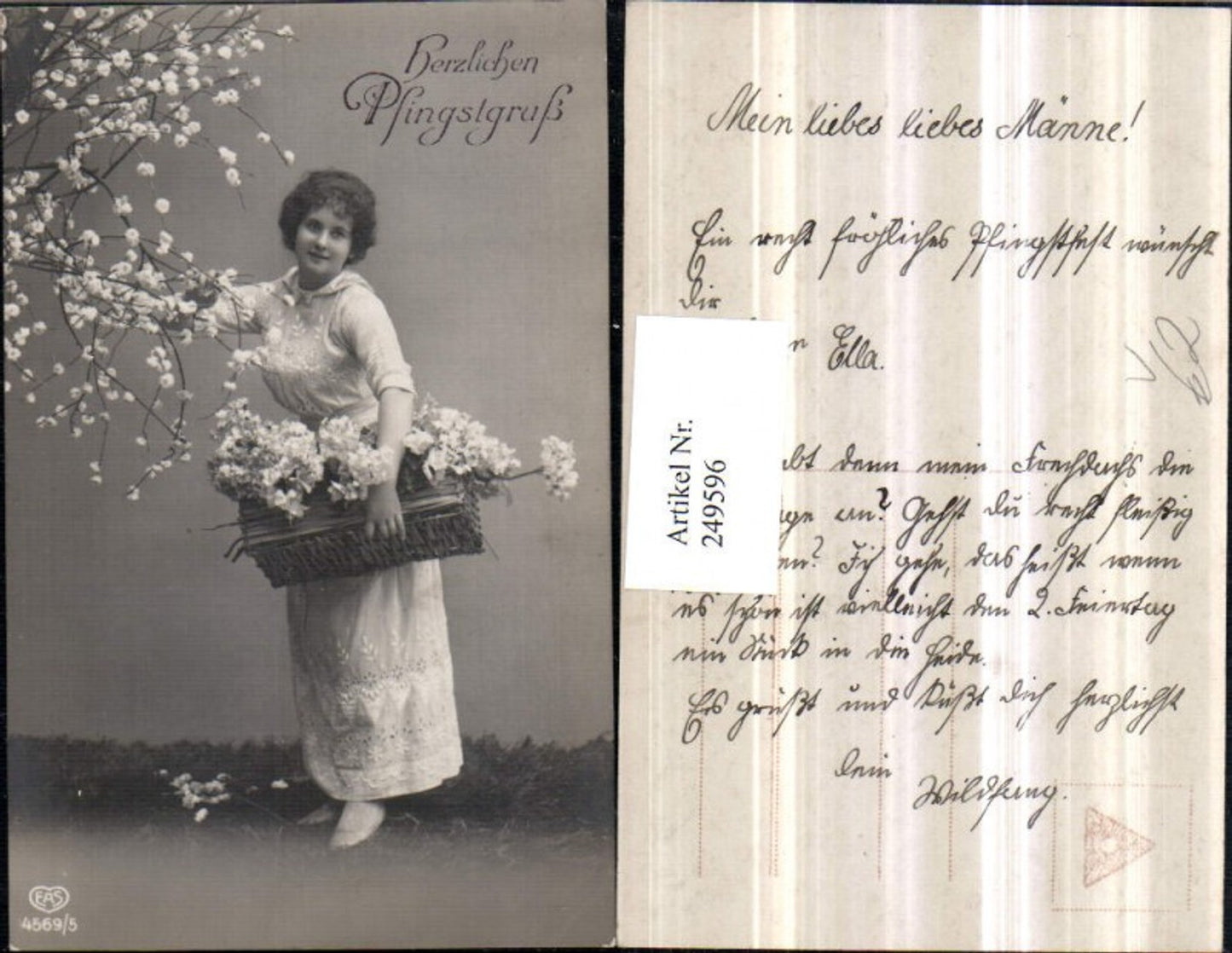 249596,Pfingsten Frau m. Kleid Korb Blumen Blütenzweige pub EAS 4569/5