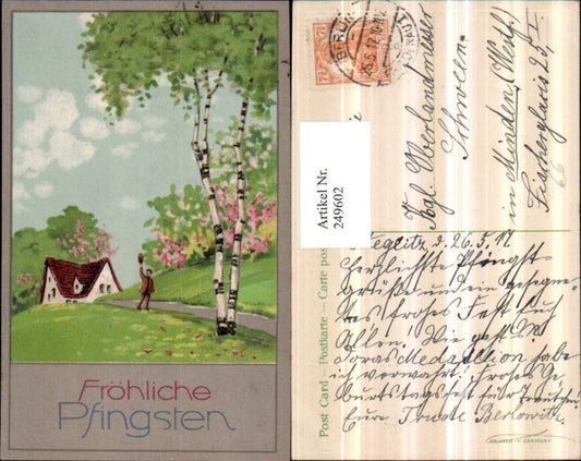 249602, Artist AK Pentecost Landscape Man with Hat Birch House View