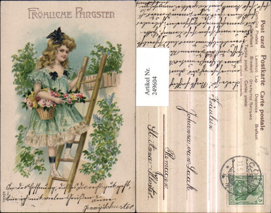 249604, Embosser Lithograph AK Pentecost Girl with Ribbon Flowers Roses Ladder