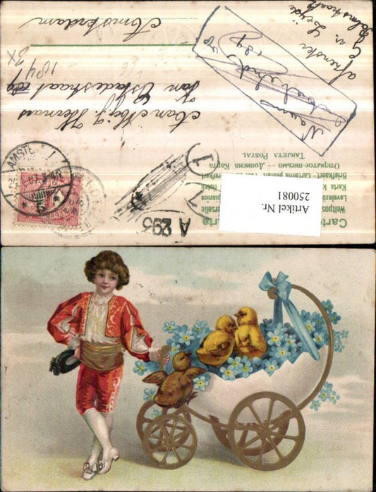 250081,Präge Litho AK Ostern Junge m. Wagen aus Eierschale Eierwagen Küken Vergissmeinnicht