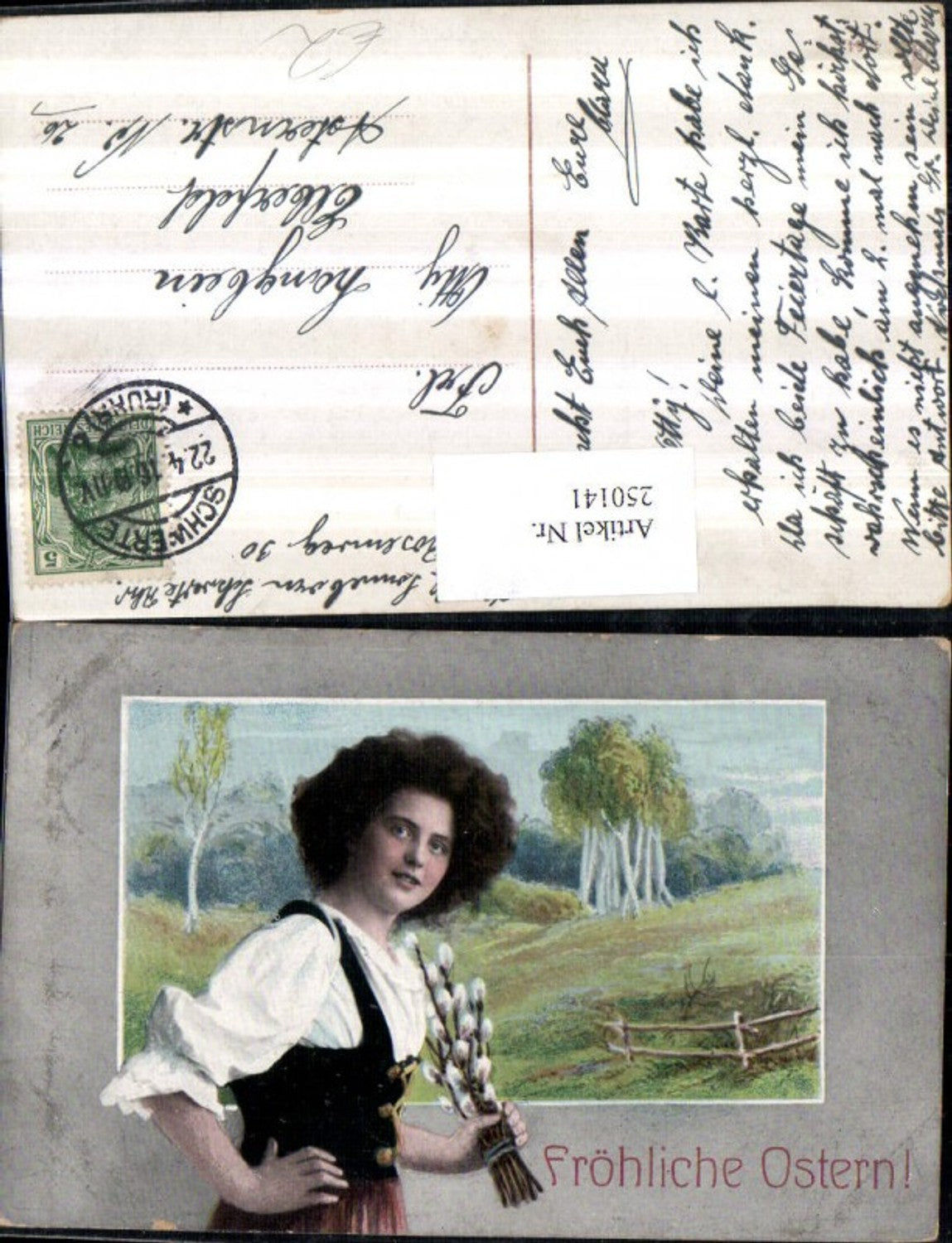 250141, Easter landscape passe-partout woman with palm branches pussy willows