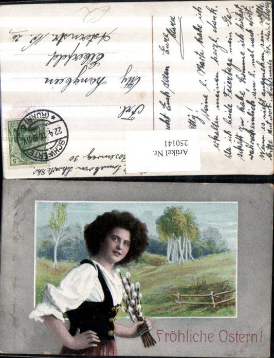 250141, Easter landscape passe-partout woman with palm branches pussy willows