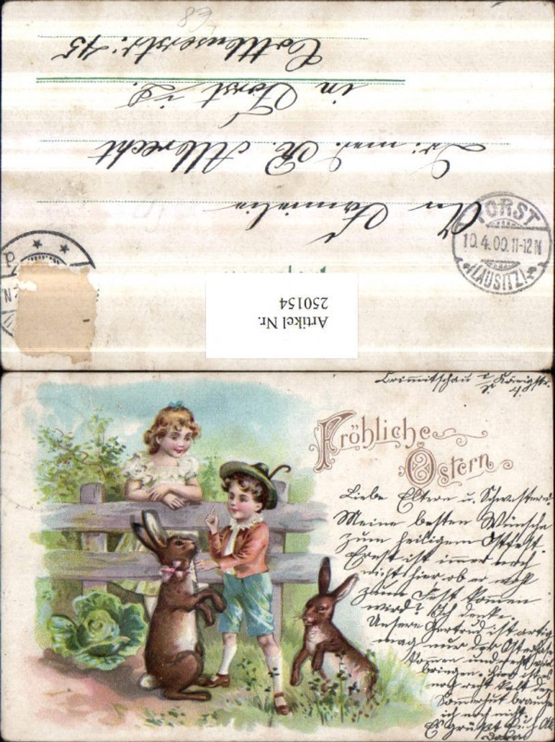 250154, Lithograph AK Easter Boy with feathered hat Rabbit Girl with dress Garden fence