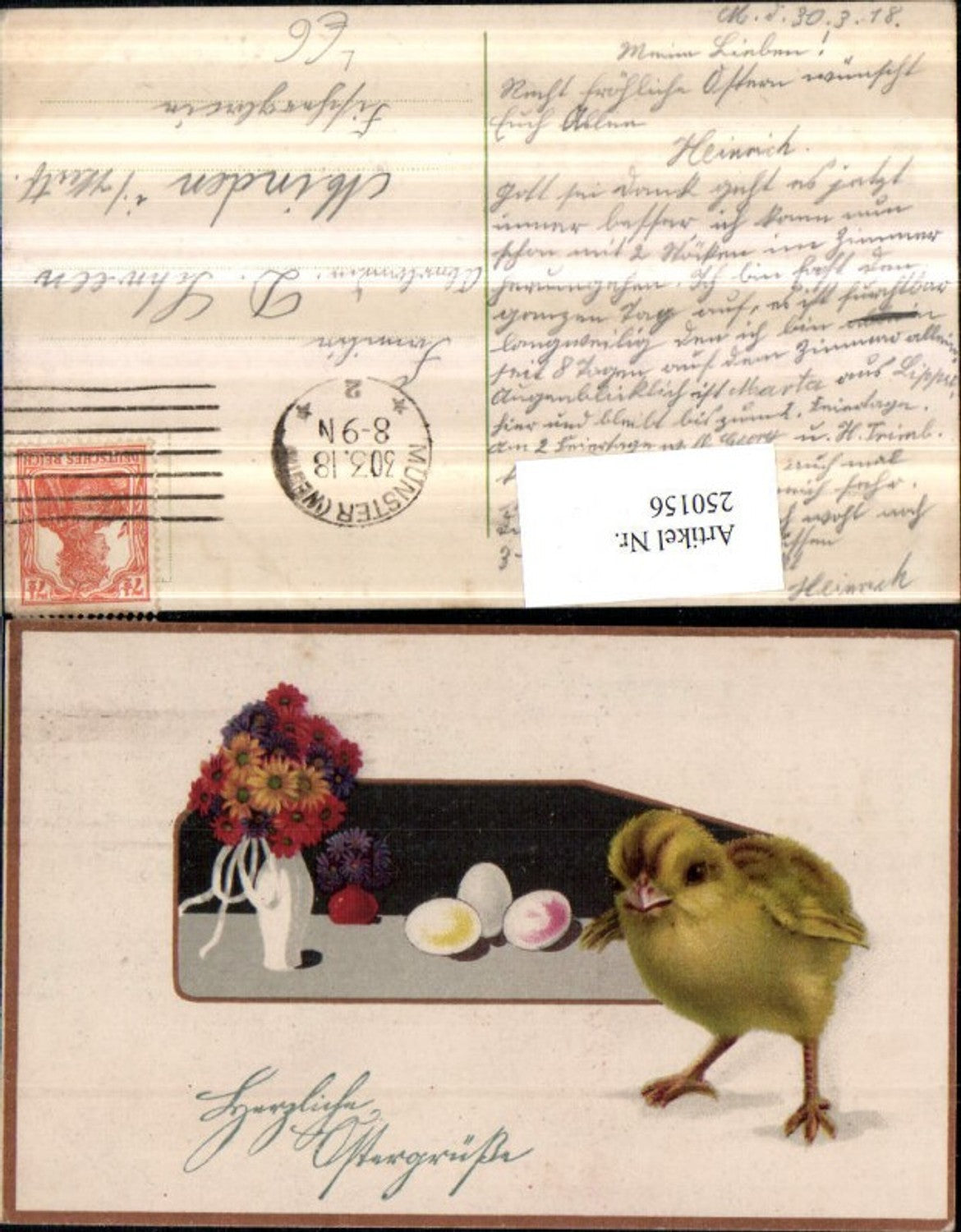 250156,Litho AK Ostern Küken Eier Blumenstrauß Astern Vase