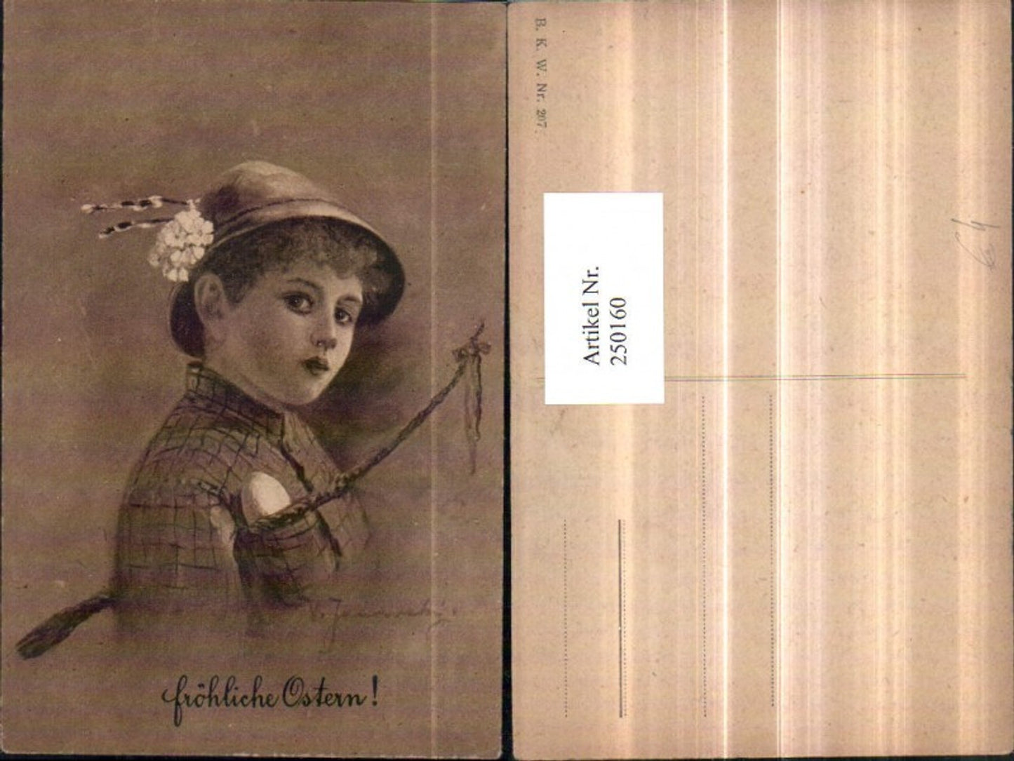 250160,Künstler AK Ostern Junge m. Hut Blumen Ei Palmzweige Portrait pub Brüder Kohn B.K.W. 207
