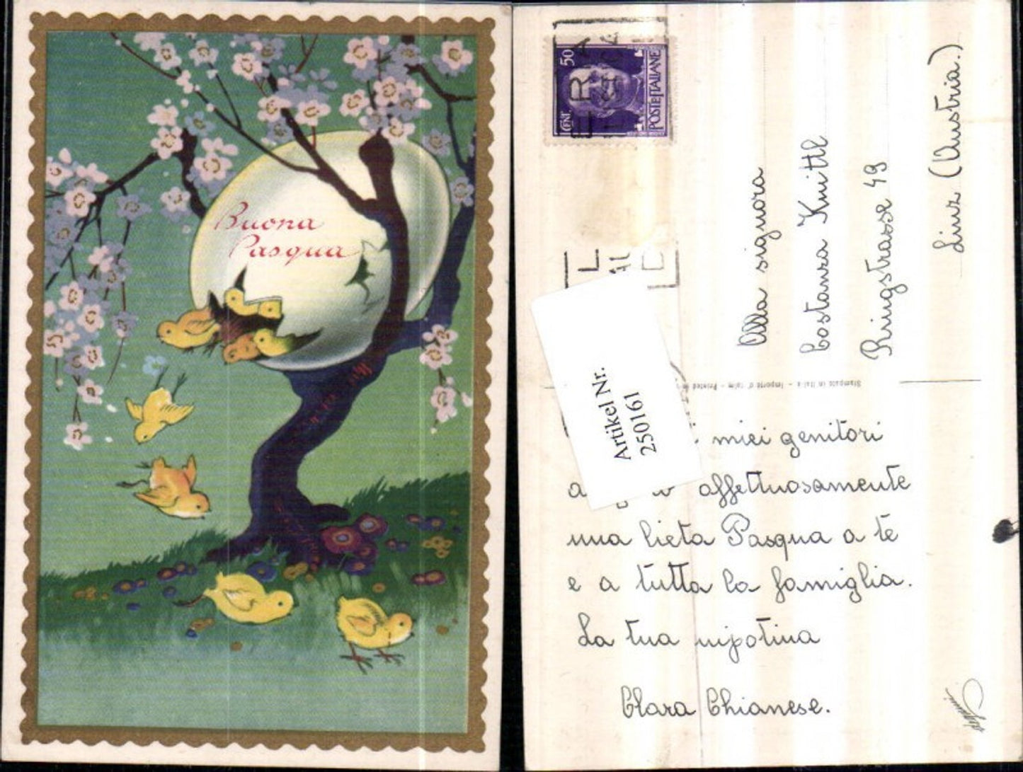 250161,Künstler AK Ostern blühender Baum großes Ei Küken