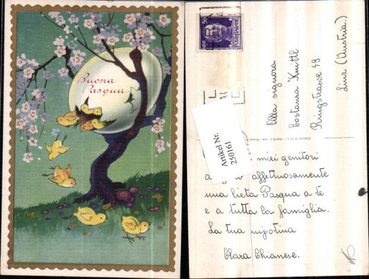 250161,Künstler AK Ostern blühender Baum großes Ei Küken