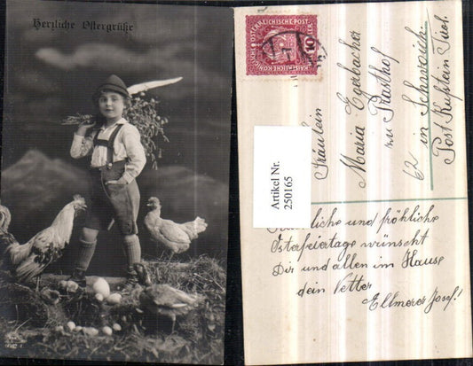 250165,Ostern Junge m. Hut Hosenträger Birkenkätzchen Hahn Huhn Küken Eier