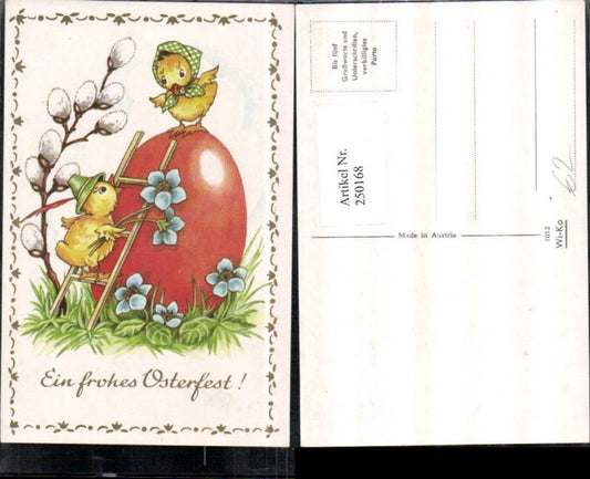 250168,Künstler AK Ostern Küken m. Federhut Kopftuch Leiter Osterei Blumen Palmzweig