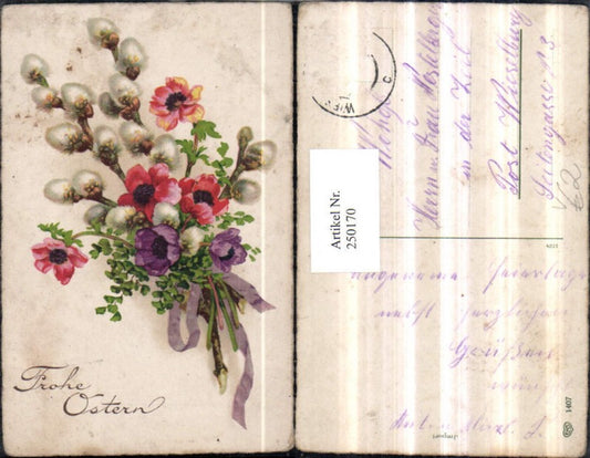 250170,Ostern Blumenstrauß Mohnblumen Palmzweige Palmkätzchen Schleife pub EAS 1407