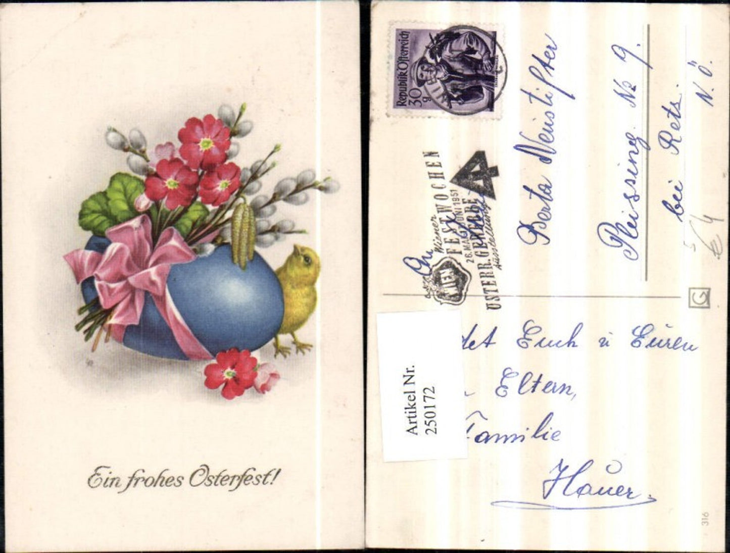 250172,Künstler AK Lia Döring Ostern Osterei Ei Schleife Blumen Palmzweige Küken Wien Ausstellung Gewerbe 1951 Stempe