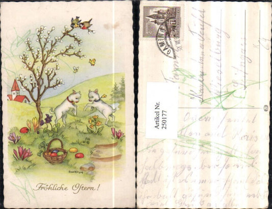 250177,Künstler AK H. Von Klitzing Ostern Wiese Lämmer Schafe m. Glocken Blumen Korb Ostereier Palmkätzchen-Baum