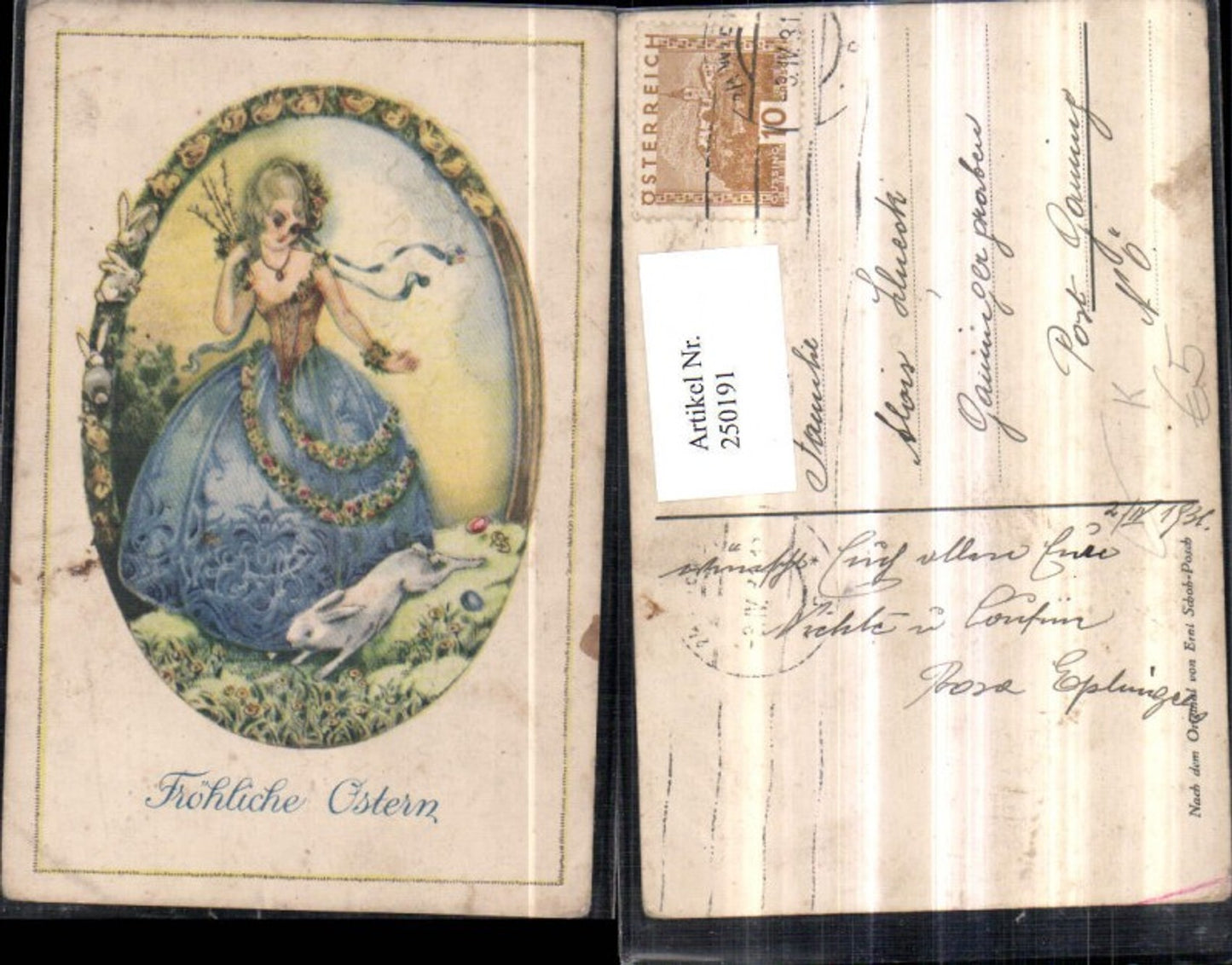 250191,Künstler AK Erni Schoh-Posch Ostern Frau m. Hut Kleid Glamour Hase Passepartout Küken
