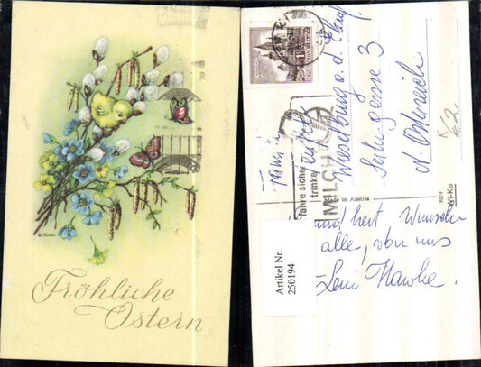 250194,Künstler AK Krurik Ostern Palmkätzchen Birkenkätzchen Blumen Schmetterlinge Küken